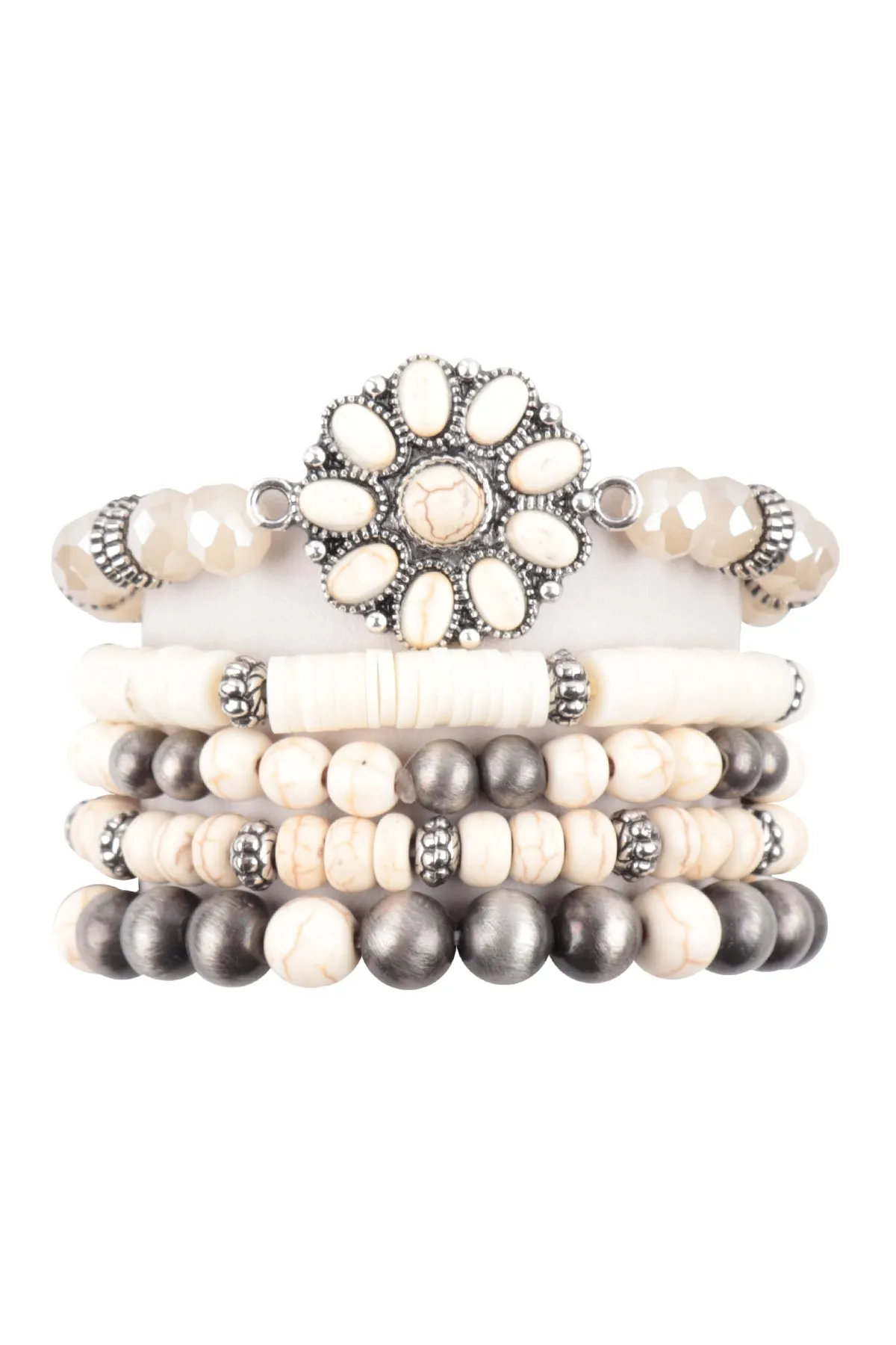 5 Lines Western Concho Flower Stone Bracelet Natural - Pack of 6