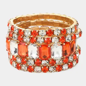 5 Pieces - Orange and Clear Stone Stretch Multi Layered Pageant Bracelets | Prom Jewelry |  649580