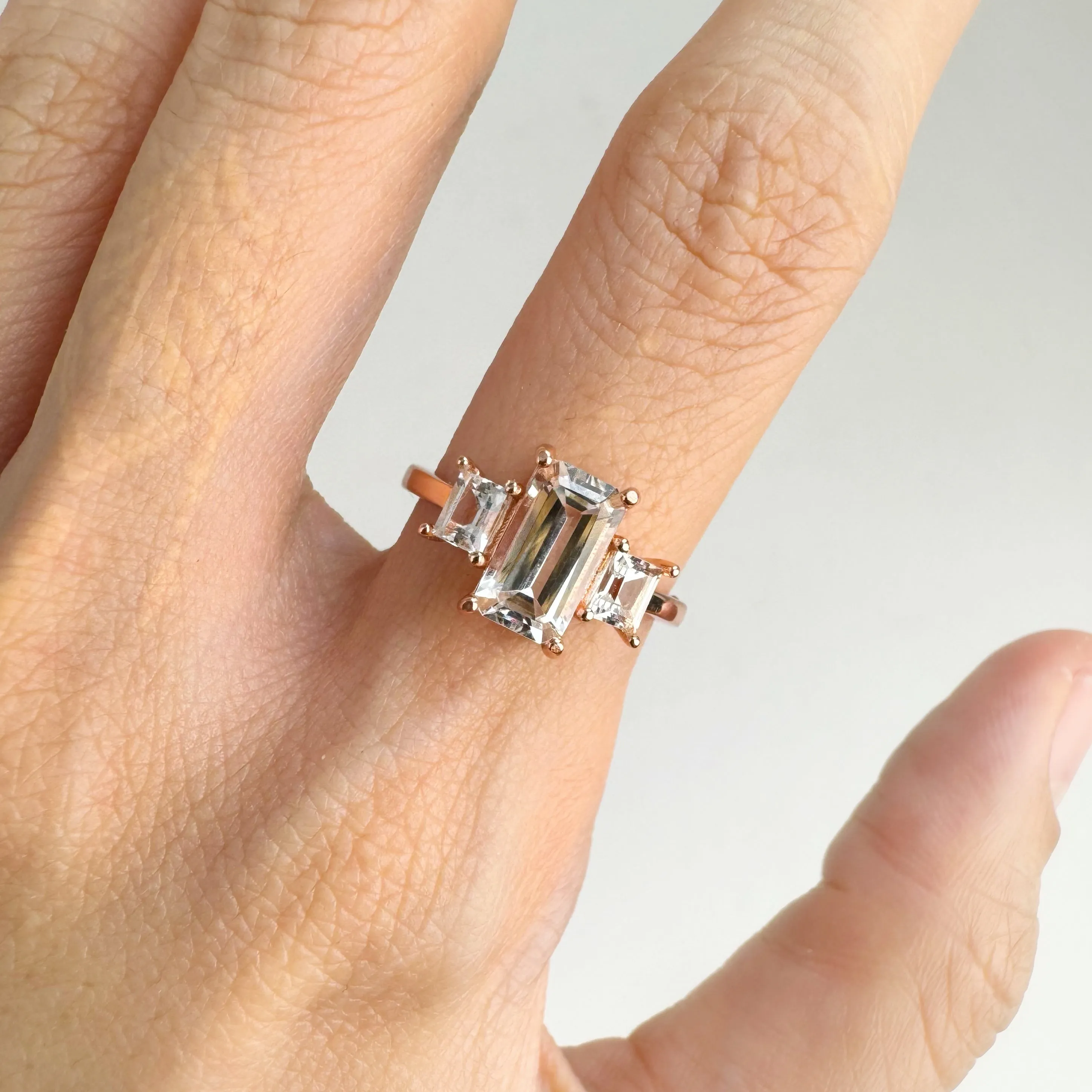 5 x 8 mm. Octagon Cut White Brazilian Topaz Trilogy Ring