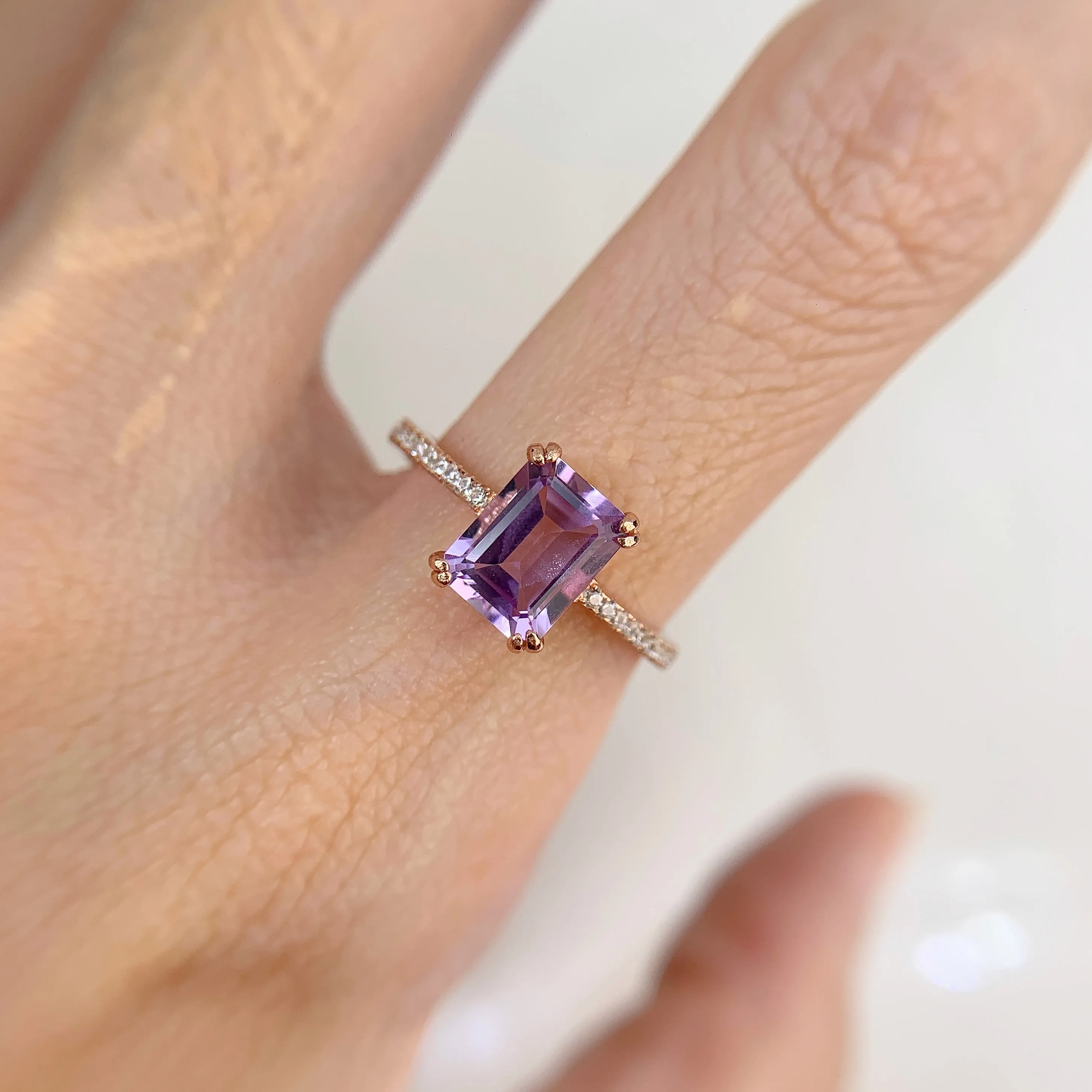 6 x 8 mm. Octagon Cut Purple Brazilian Amethyst with Cz Band Ring