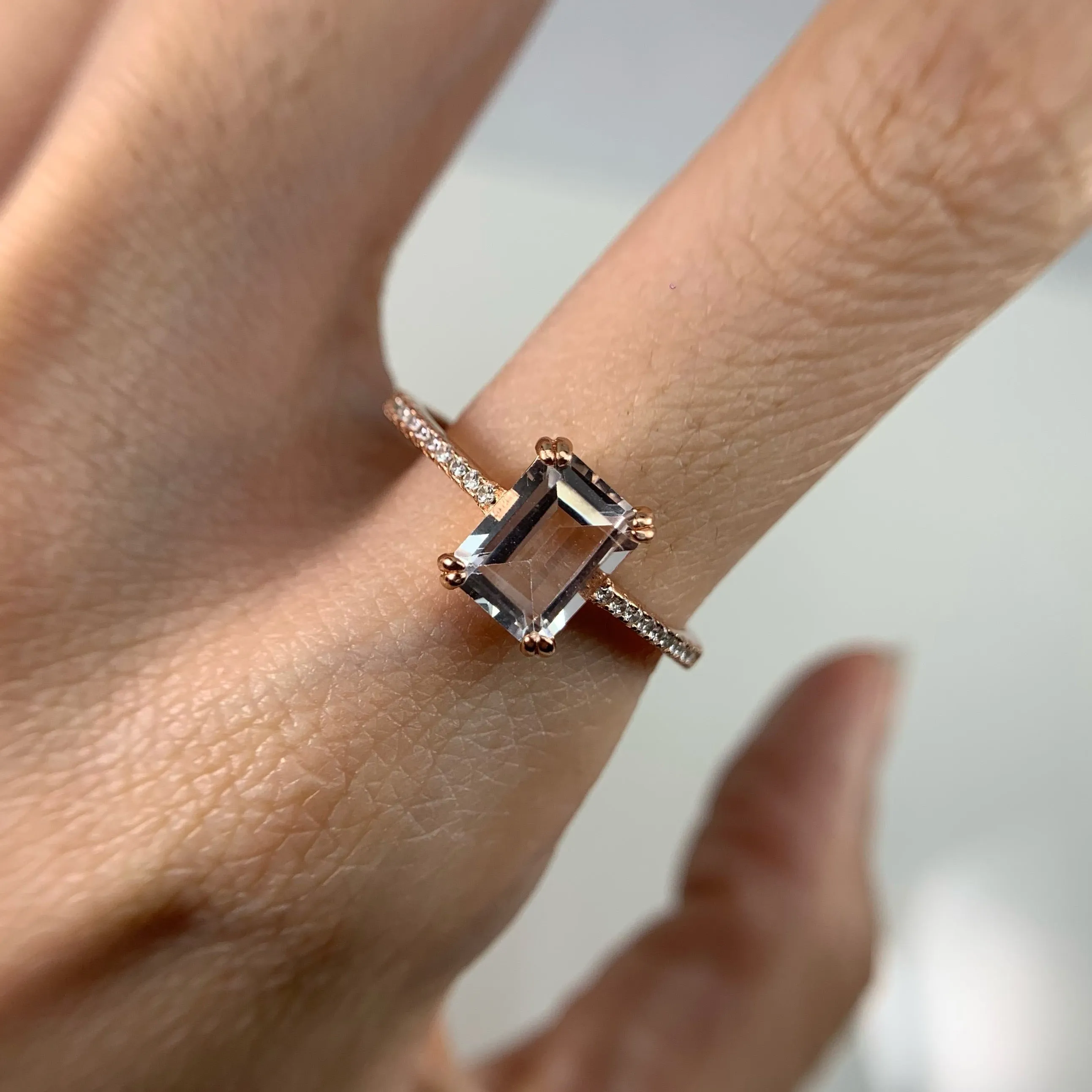 6 x 8 mm. Octagon Cut White  Brazilian Topaz with Cz Band Ring