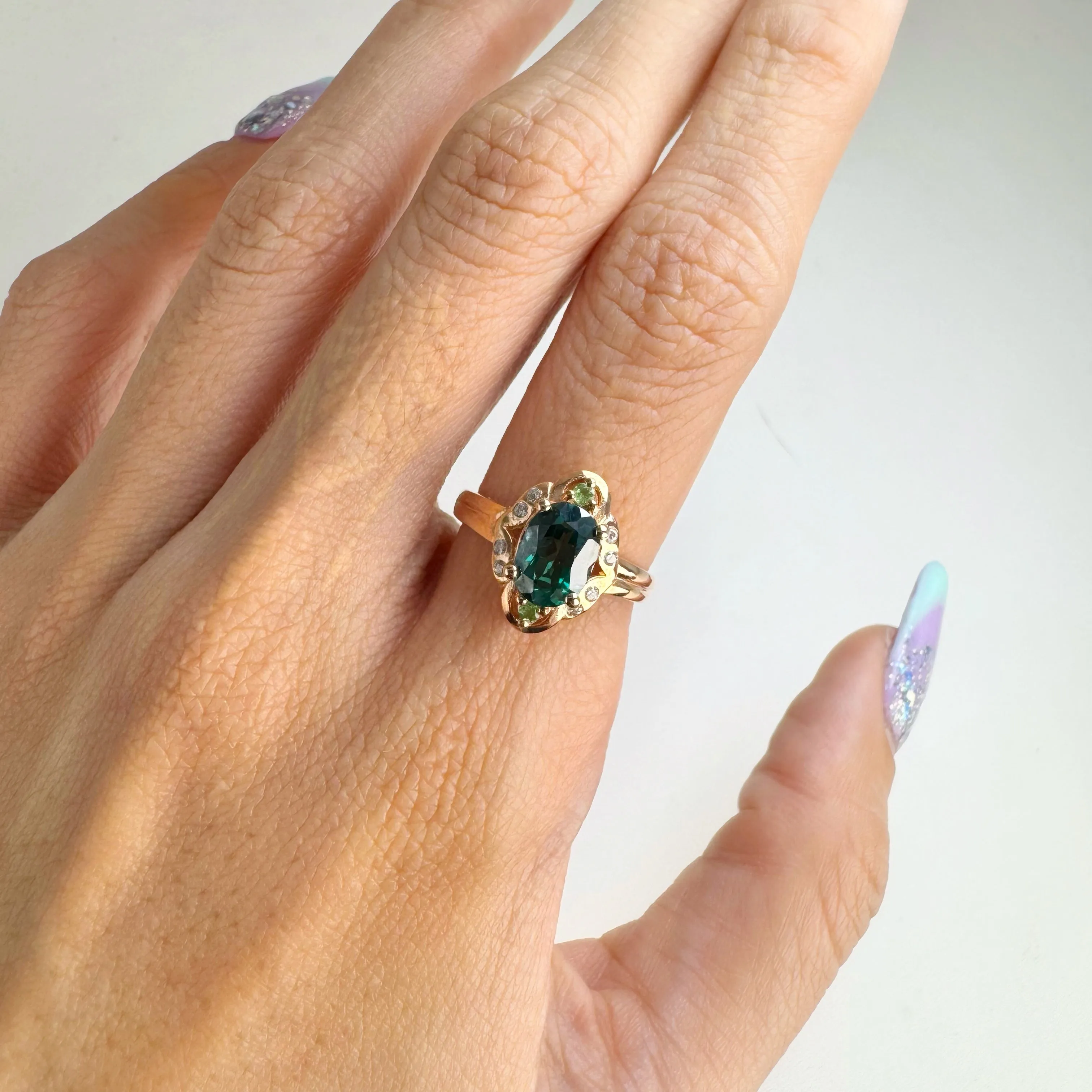 6 x 8 mm. Oval Cut Green Brazilian Mystic Topaz with Tsavorite Garnet and Cz Accents Ring