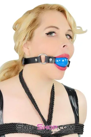 6910A      Rings of Submission, Royal Blue Ball, Black Leather Strap Ballgag
