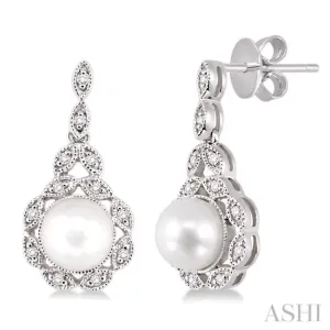 6X6 MM Round Shape Cultured Pearl and 1/8 ctw Cutwork Marquise Round Cut Diamond Fashion Earring in 10K White Gold