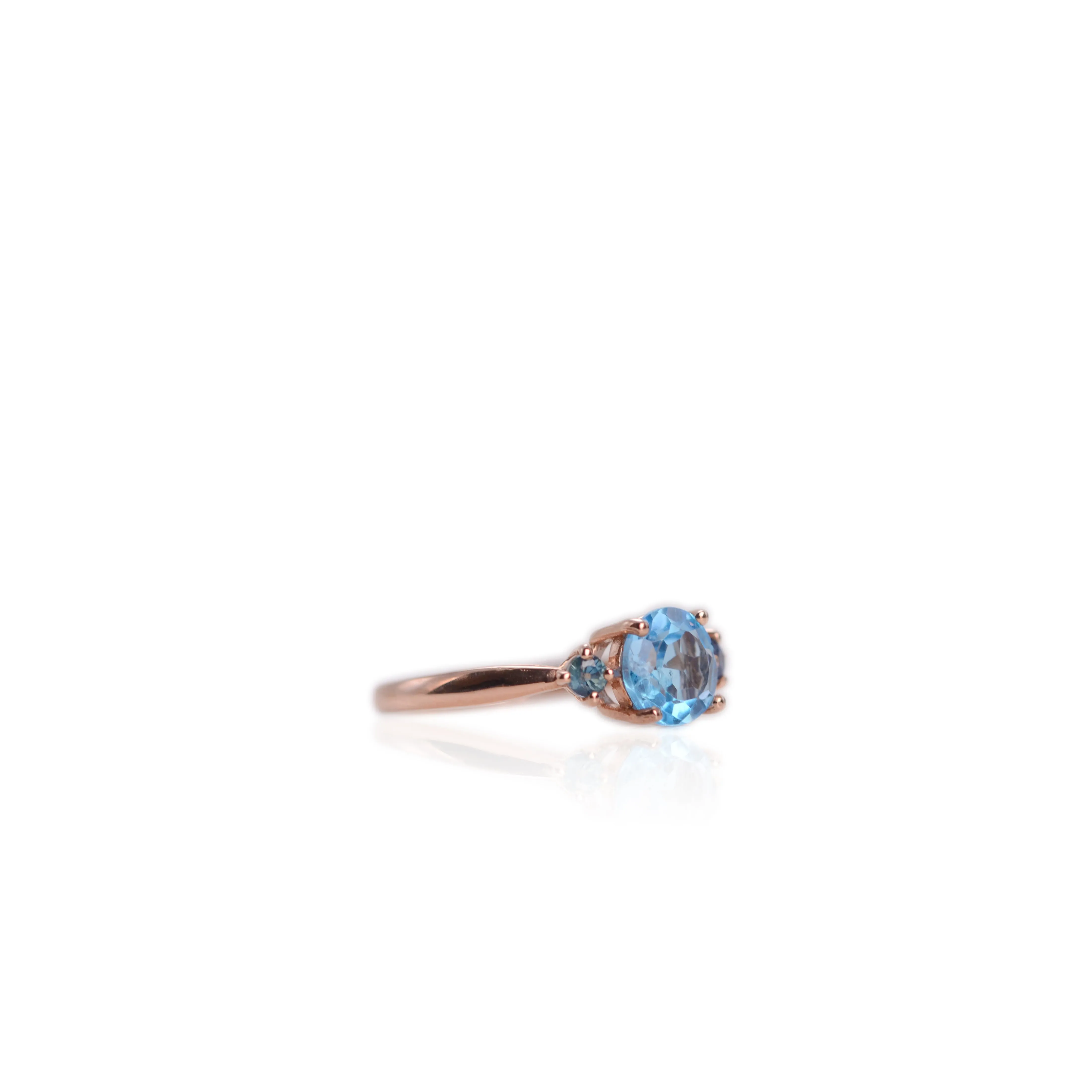 7 mm. Round Cut Swiss Blue Brazilian Topaz and Sapphire Trilogy Ring
