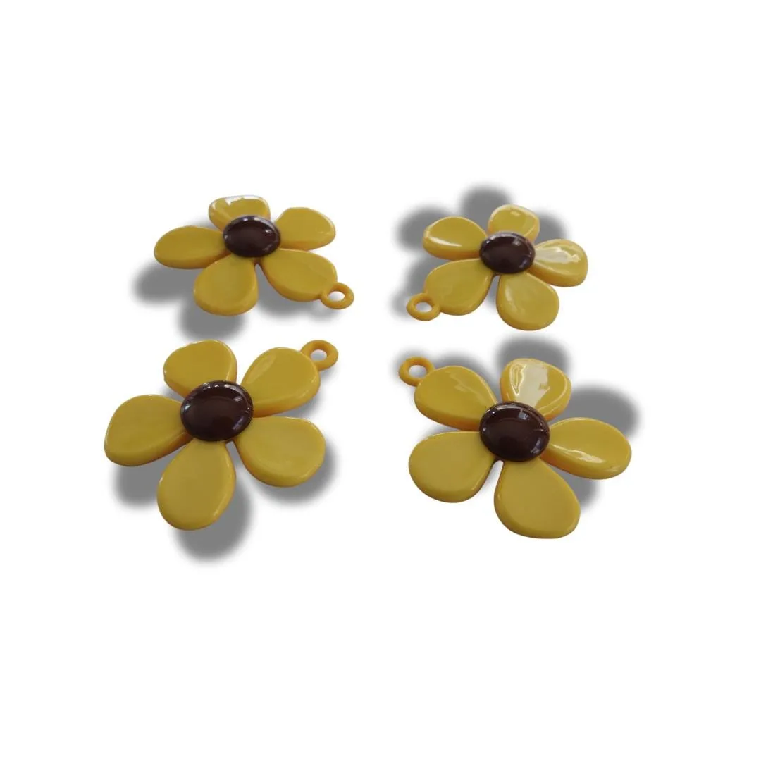 70s Flower Charms Set of 4 – Large Yellow Resin Pendants for Jewelry Making