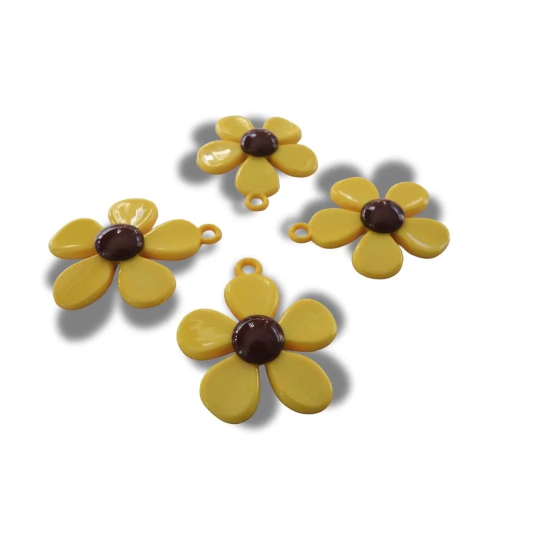 70s Flower Charms Set of 4 – Large Yellow Resin Pendants for Jewelry Making