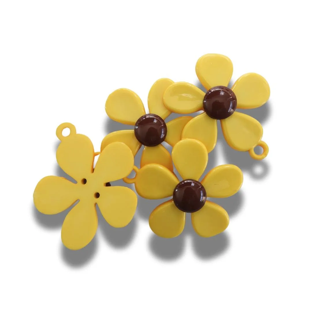 70s Flower Charms Set of 4 – Large Yellow Resin Pendants for Jewelry Making