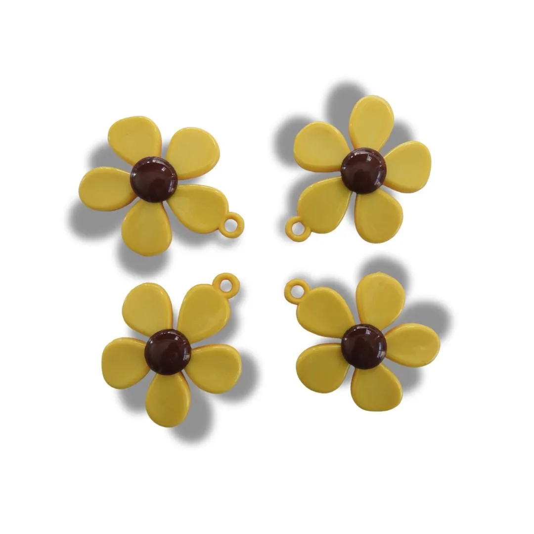 70s Flower Charms Set of 4 – Large Yellow Resin Pendants for Jewelry Making