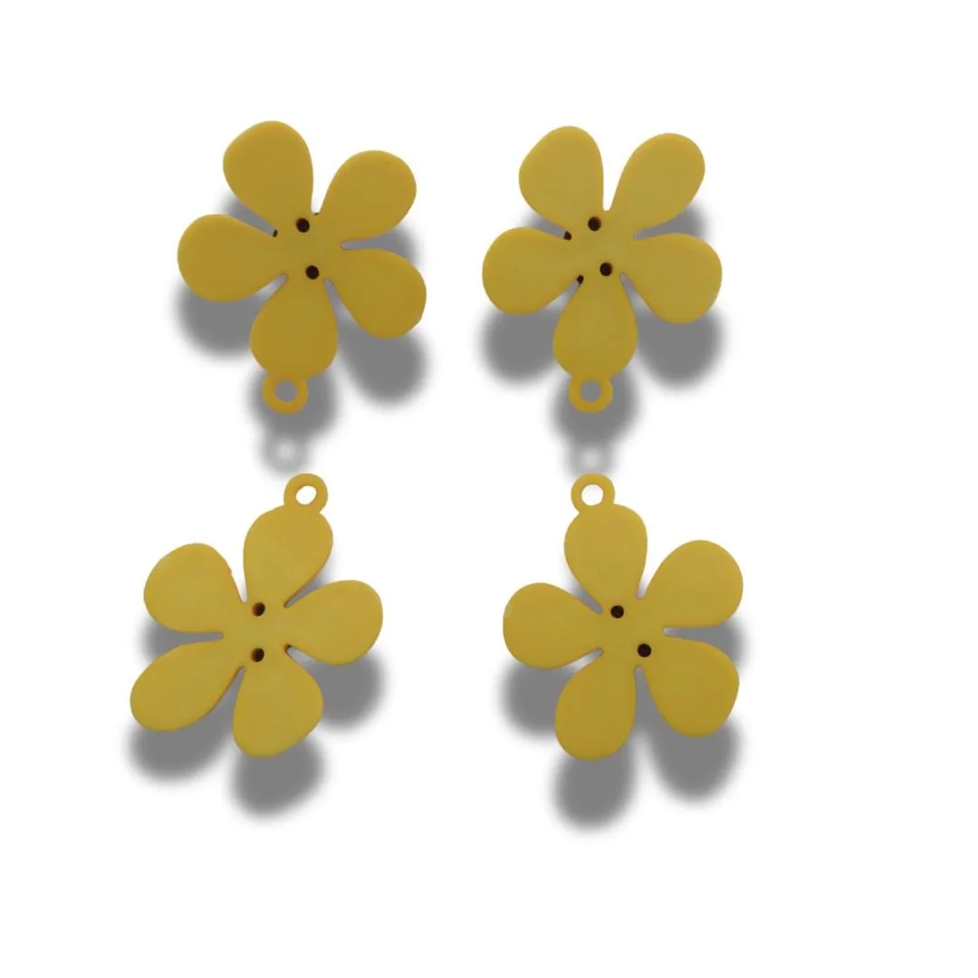 70s Flower Charms Set of 4 – Large Yellow Resin Pendants for Jewelry Making