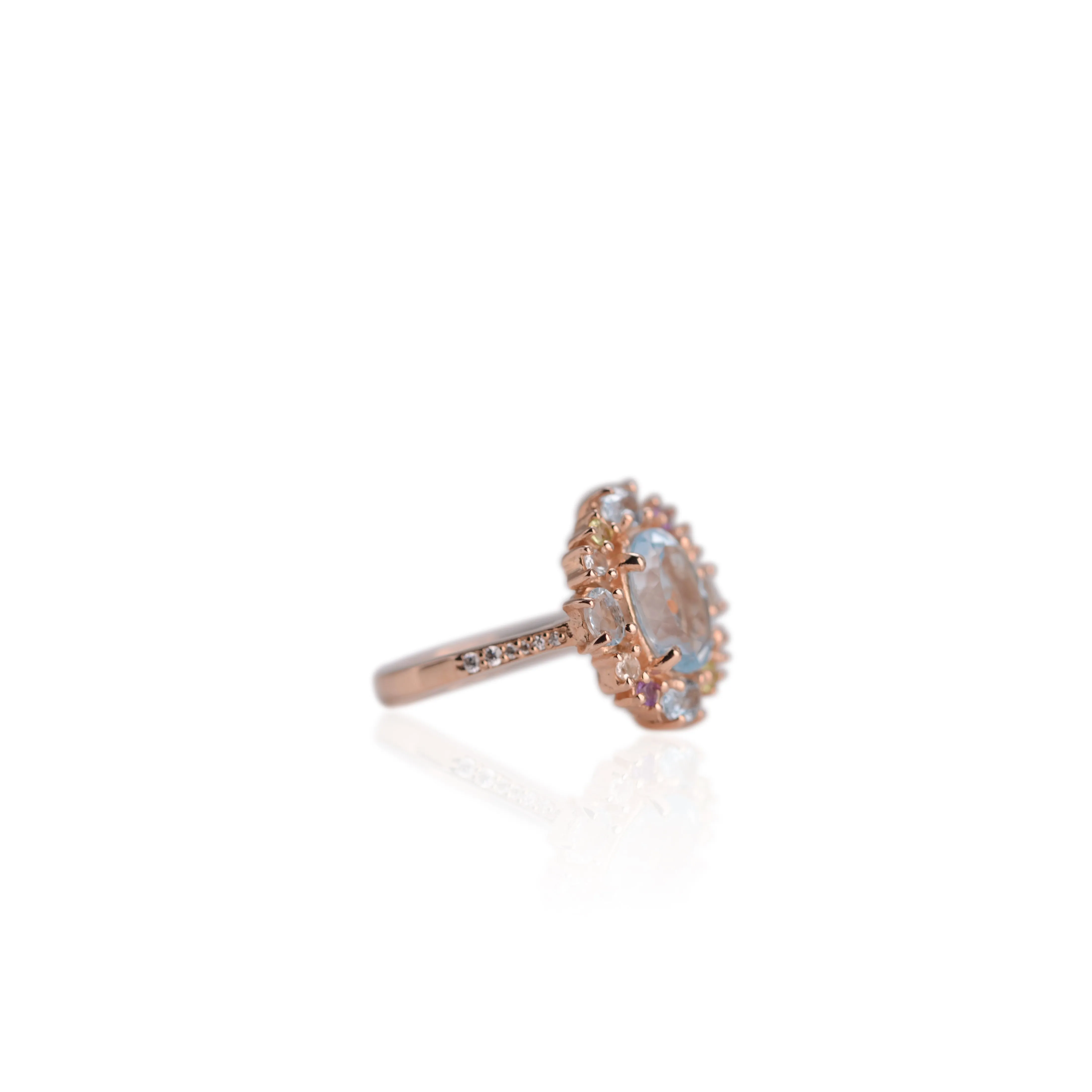 8 x 10 mm. Oval Cut Sky Blue Topaz, Amethyst, Citrine and Peridot Cluster Ring