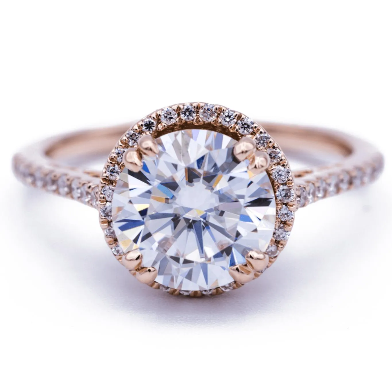 8mm Round Center 14K Rose Gold Diamond Halo Filigree and Milgrain Ring