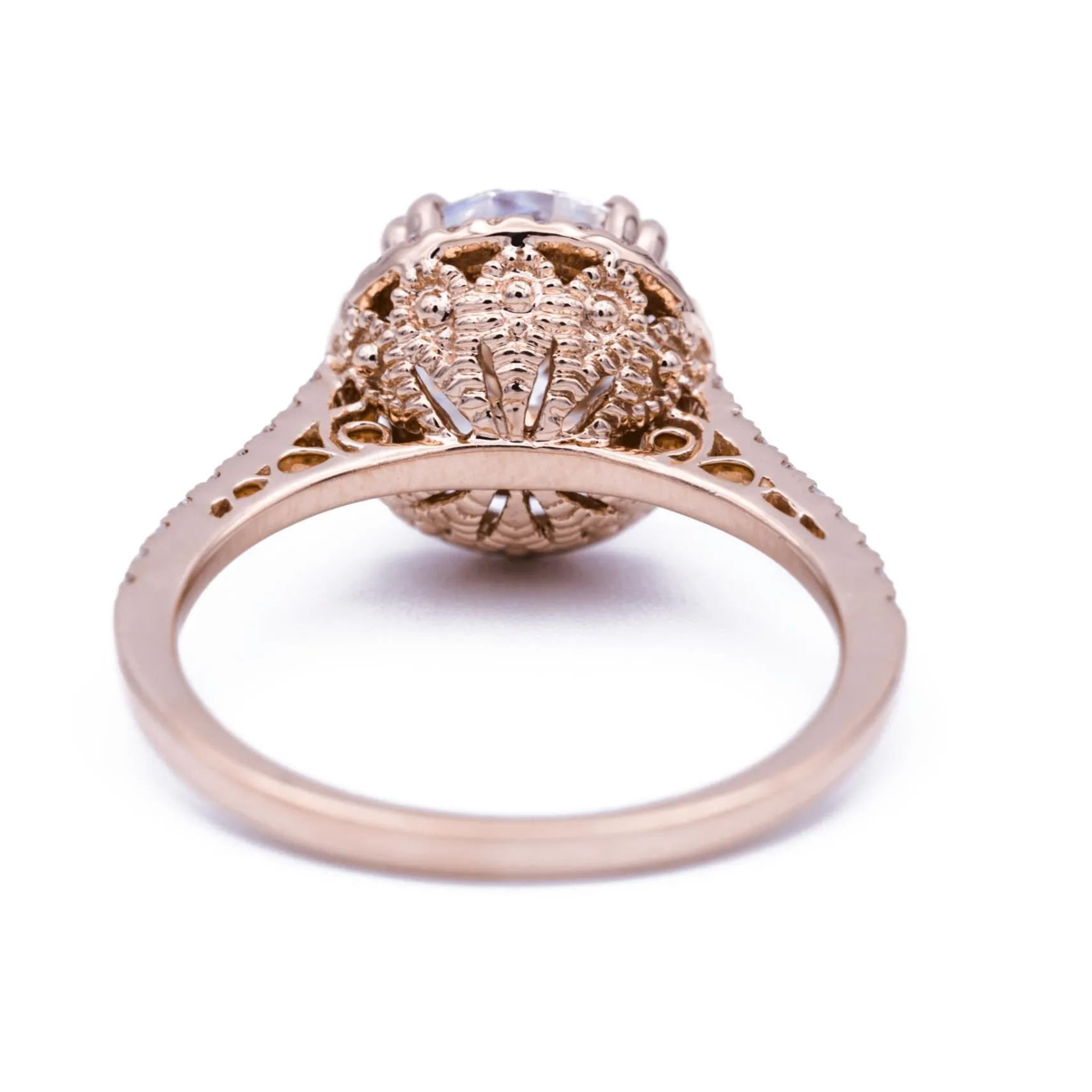 8mm Round Center 14K Rose Gold Diamond Halo Filigree and Milgrain Ring