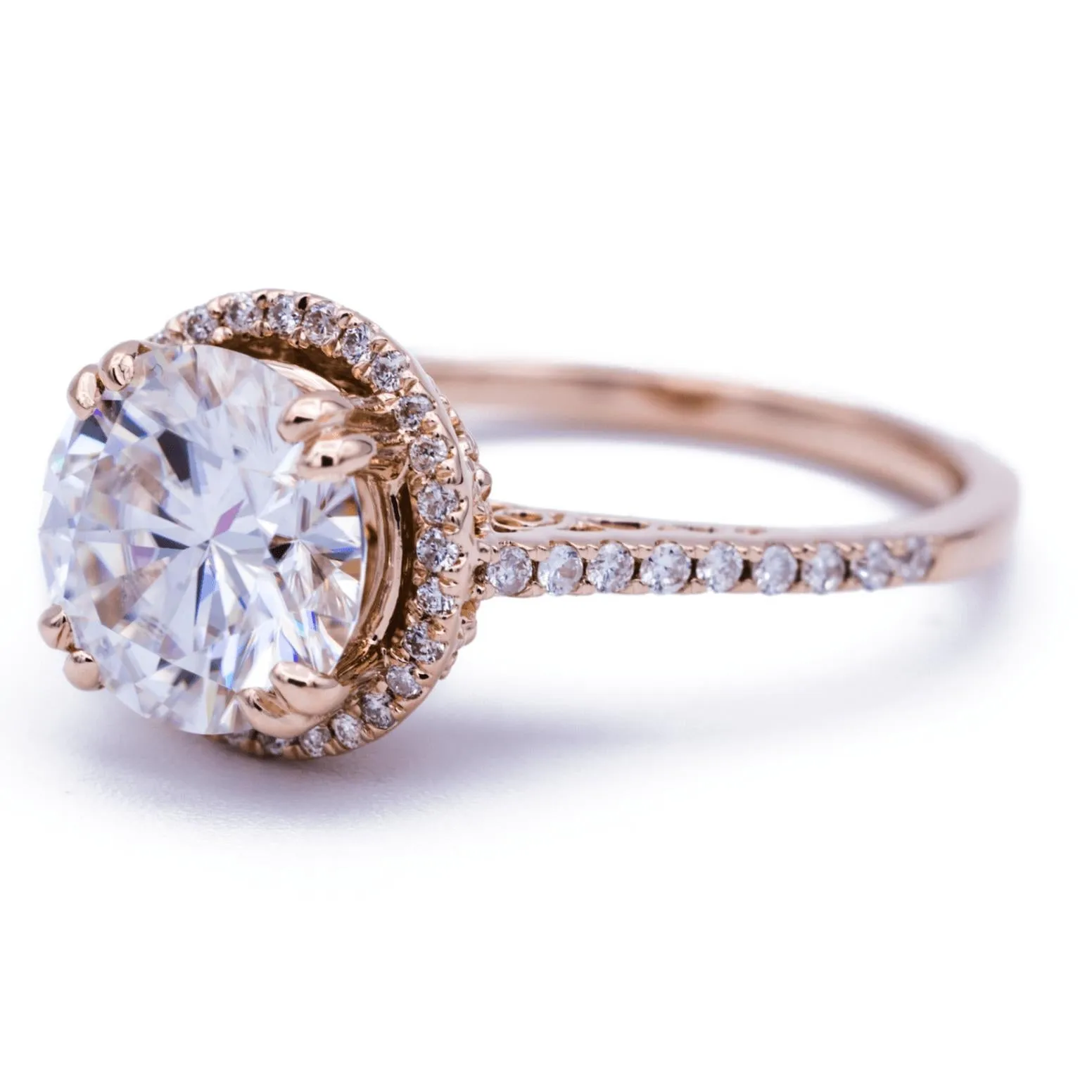 8mm Round Center 14K Rose Gold Diamond Halo Filigree and Milgrain Ring