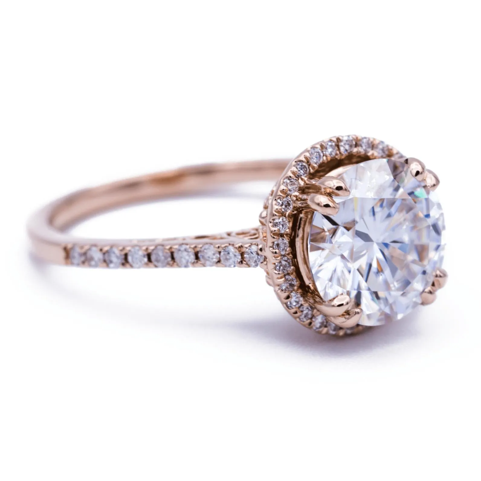 8mm Round Center 14K Rose Gold Diamond Halo Filigree and Milgrain Ring
