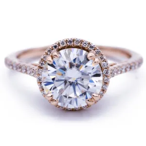 8mm Round Center 14K Rose Gold Diamond Halo Filigree and Milgrain Ring