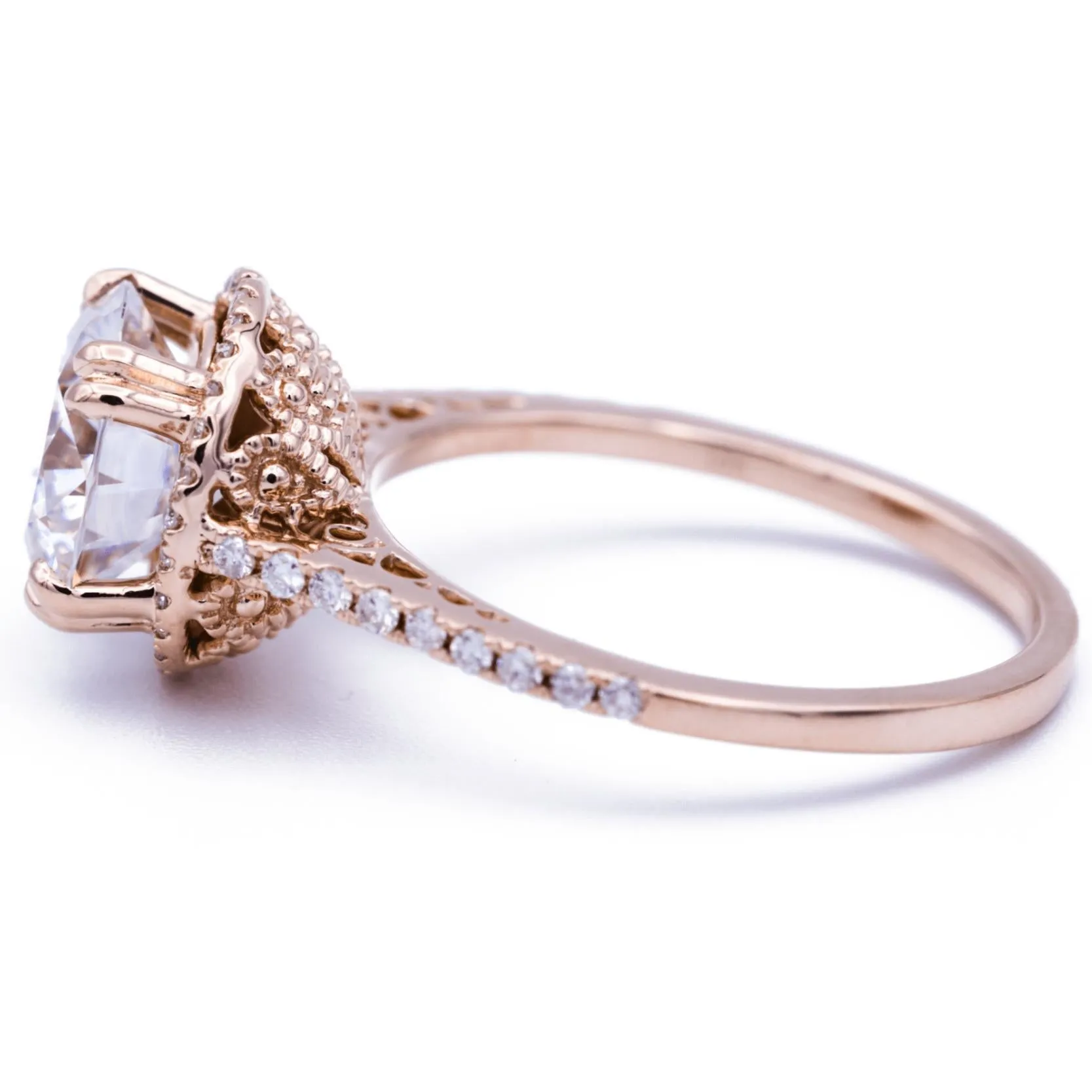 8mm Round Center 14K Rose Gold Diamond Halo Filigree and Milgrain Ring