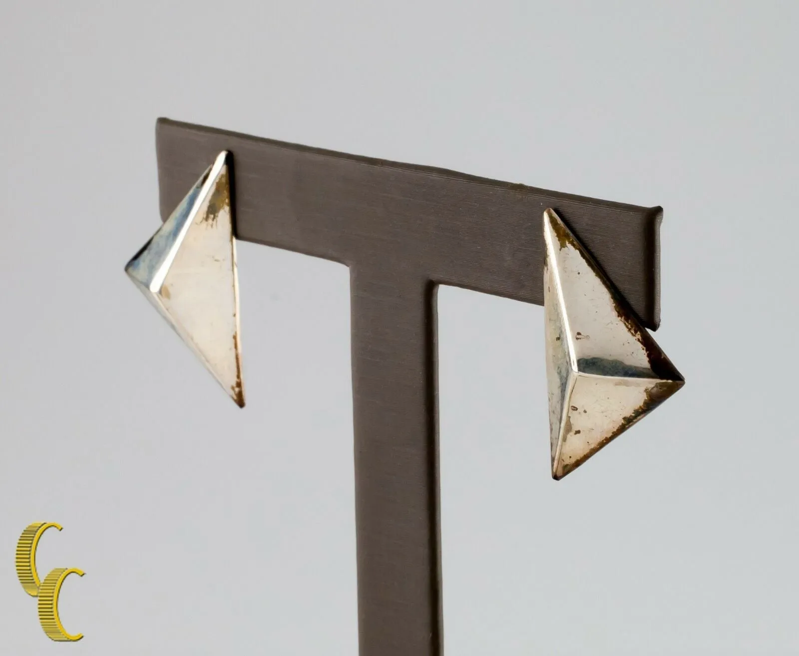 .925 Sterling Silver 3D Geometric Triangle Earrings