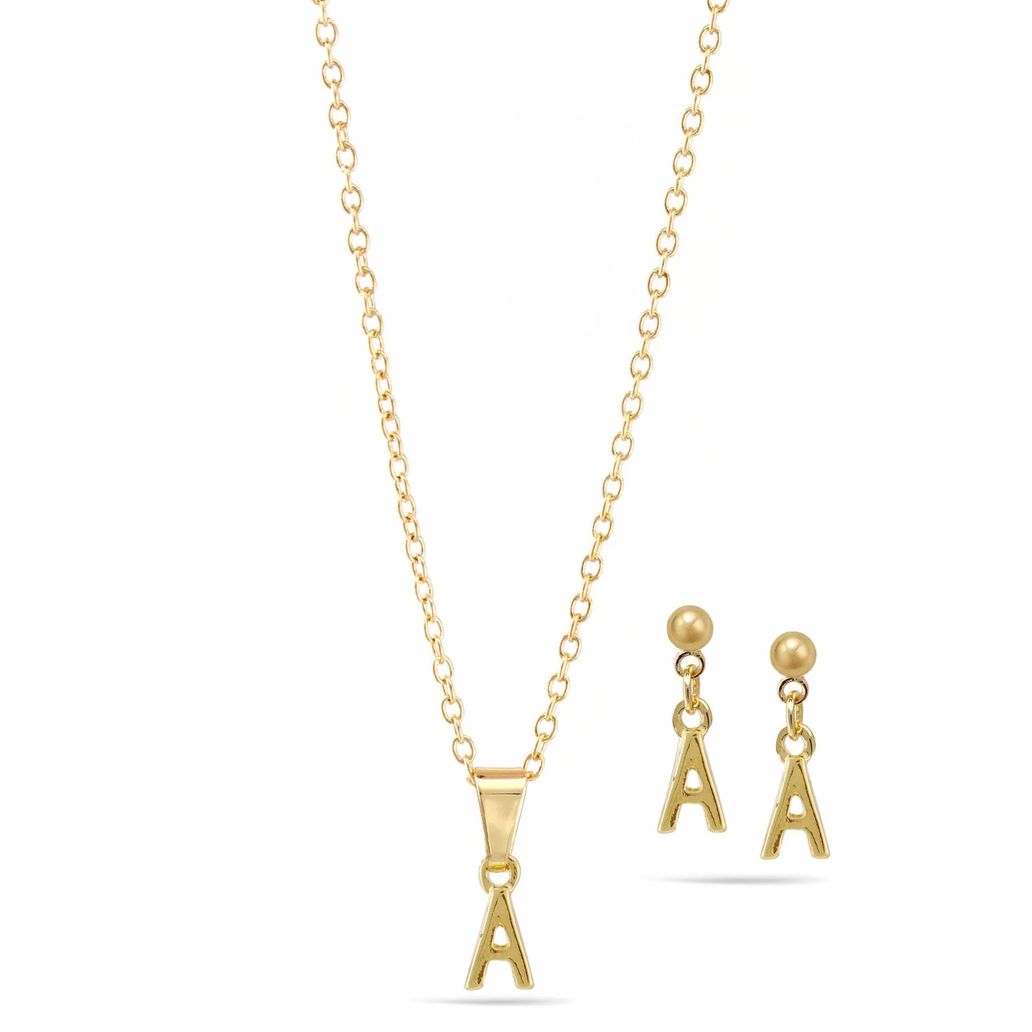 Alphabet "A"  GOLD SMALL PENDANT SHORT NECKLACE AND EARRINGS SET