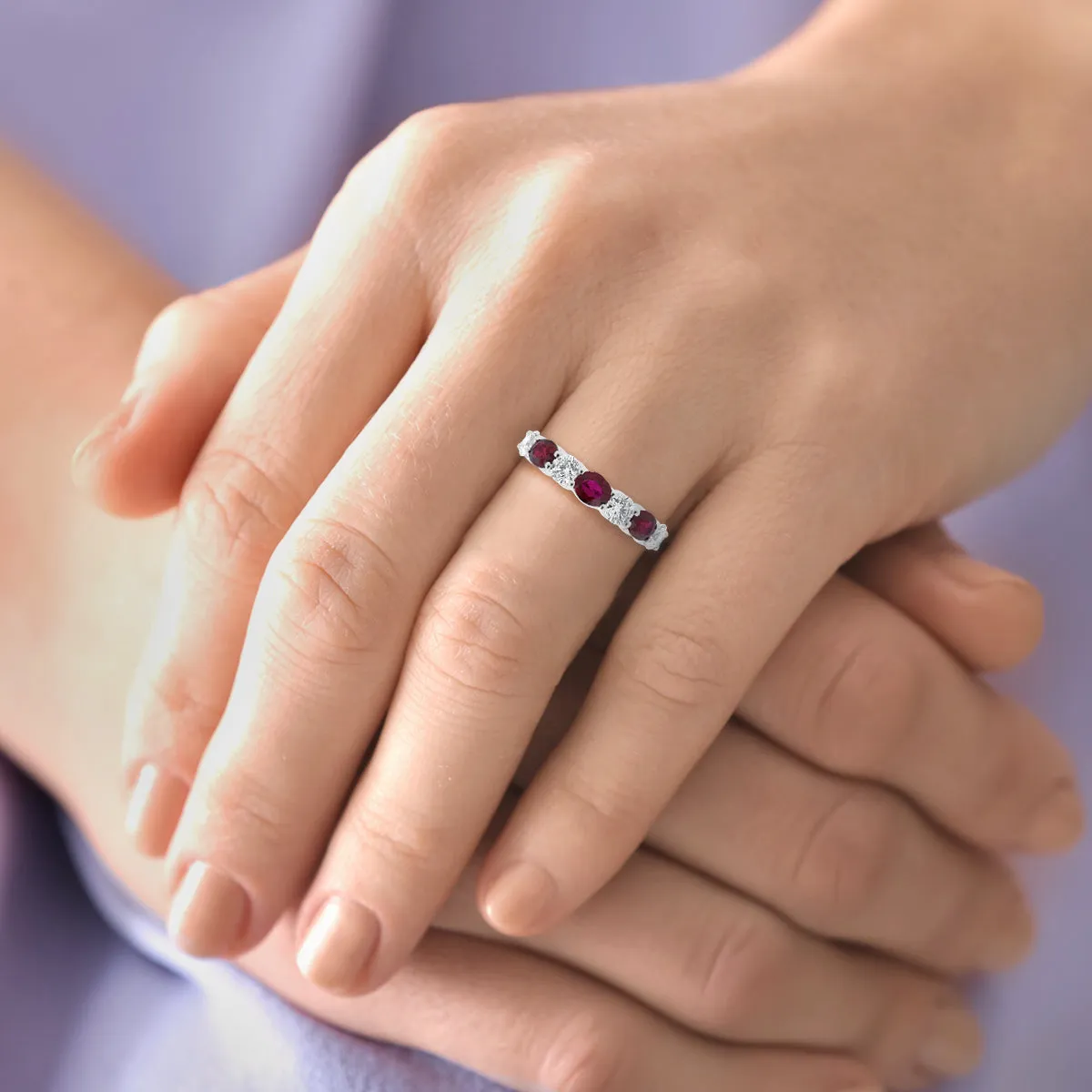 Alternating Round Diamond and Oval Ruby Ring