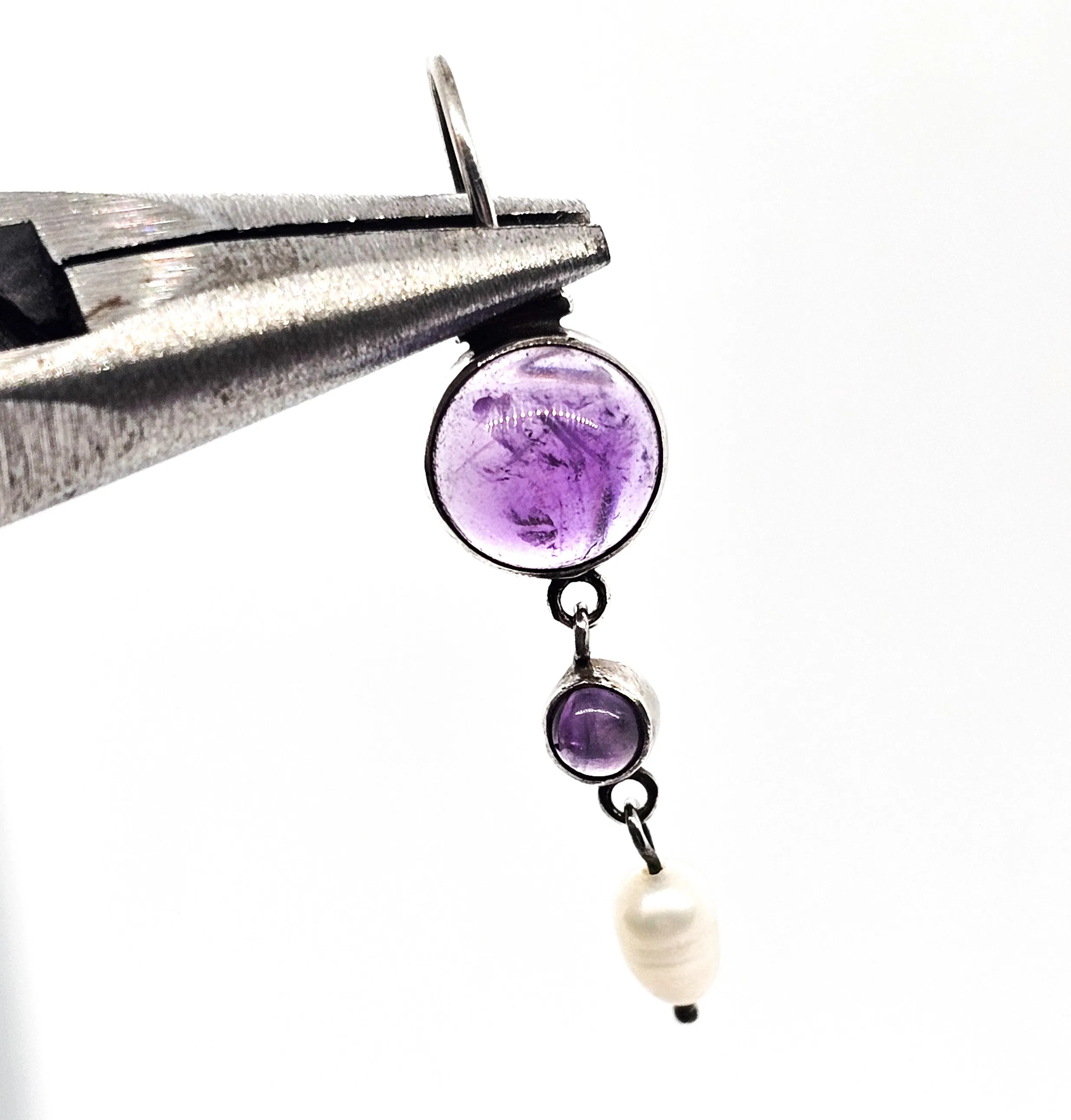 Amethyst and pearl open work articulated purple gemstone sterling silver vintage earrings