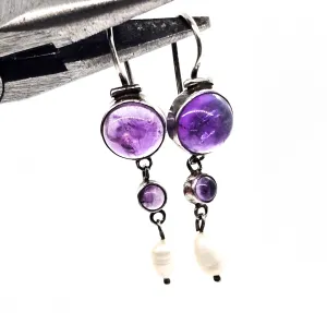 Amethyst and pearl open work articulated purple gemstone sterling silver vintage earrings