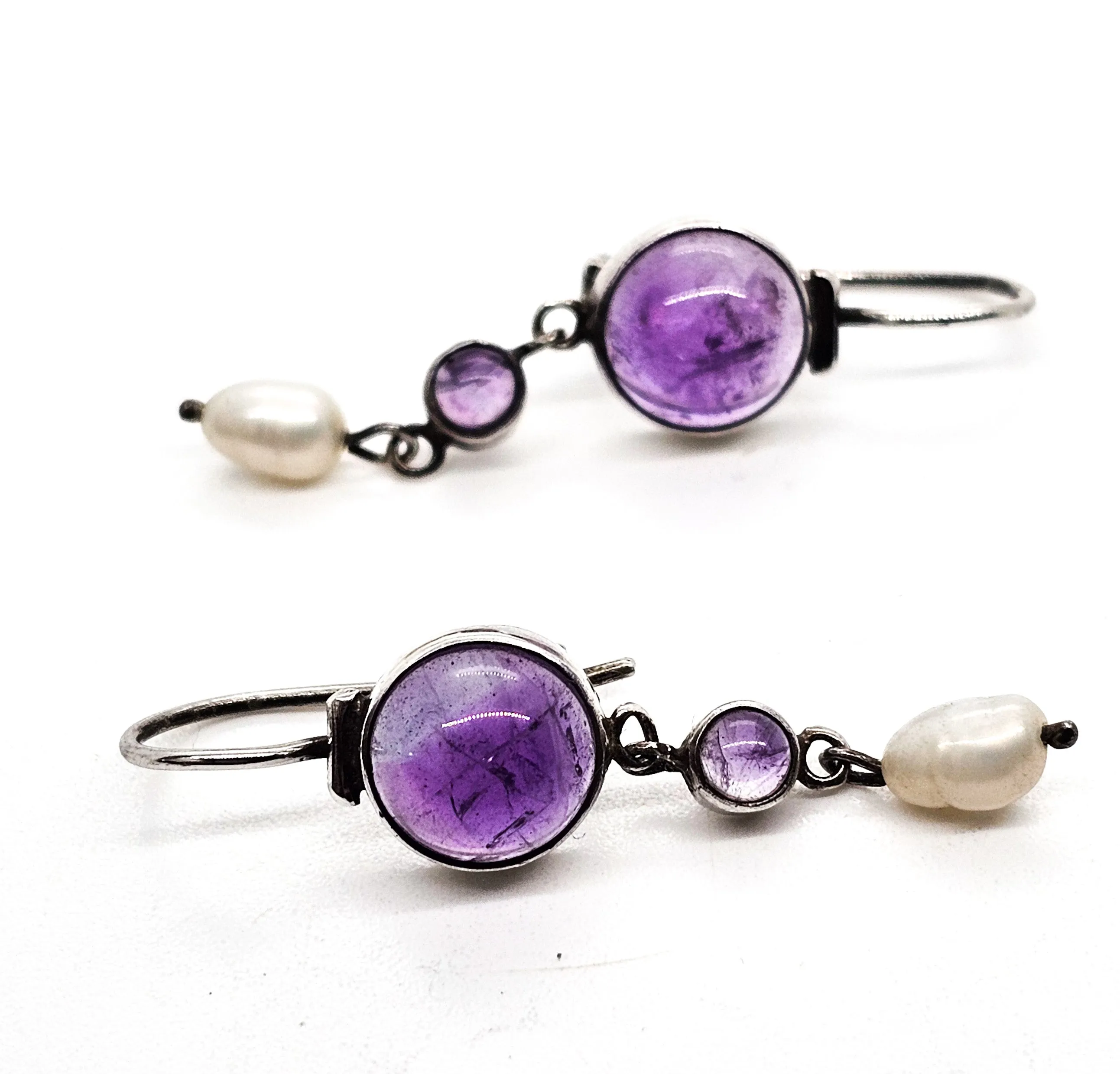 Amethyst and pearl open work articulated purple gemstone sterling silver vintage earrings