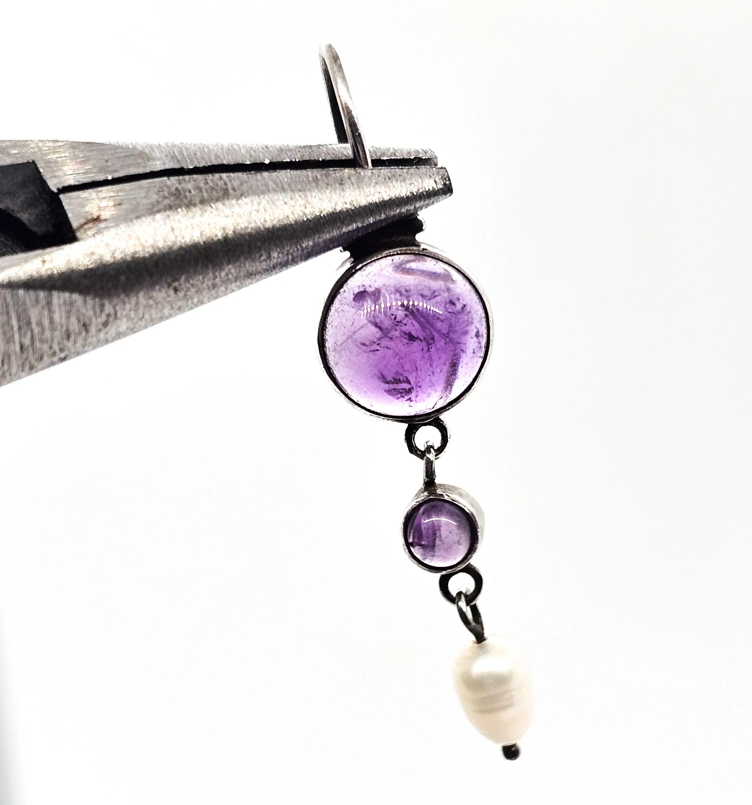 Amethyst and pearl open work articulated purple gemstone sterling silver vintage earrings