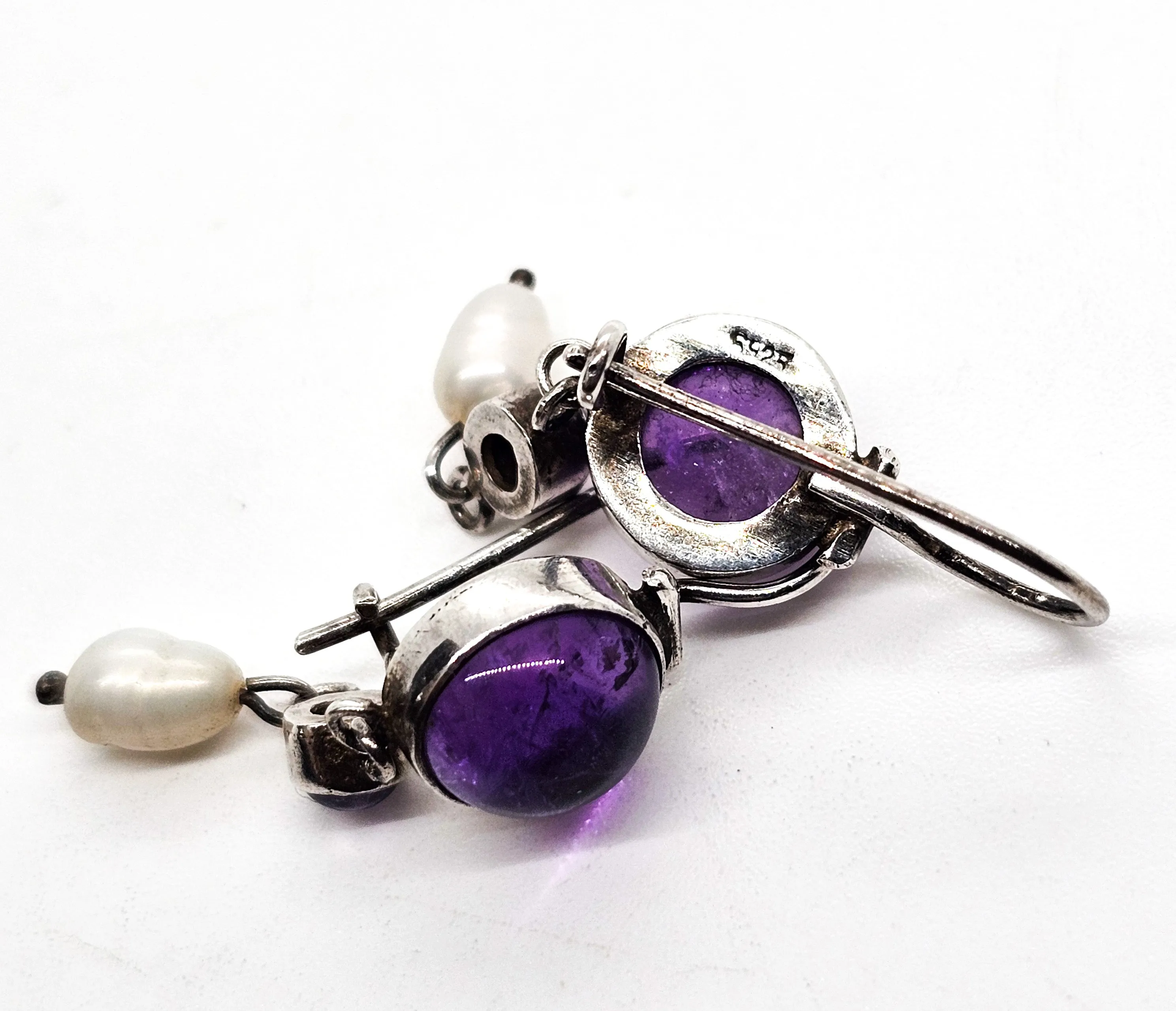 Amethyst and pearl open work articulated purple gemstone sterling silver vintage earrings