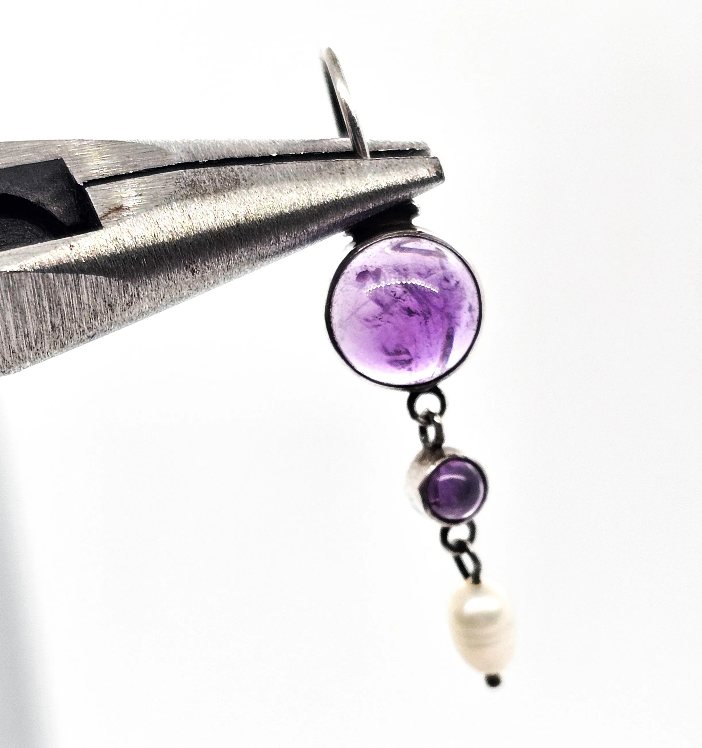 Amethyst and pearl open work articulated purple gemstone sterling silver vintage earrings