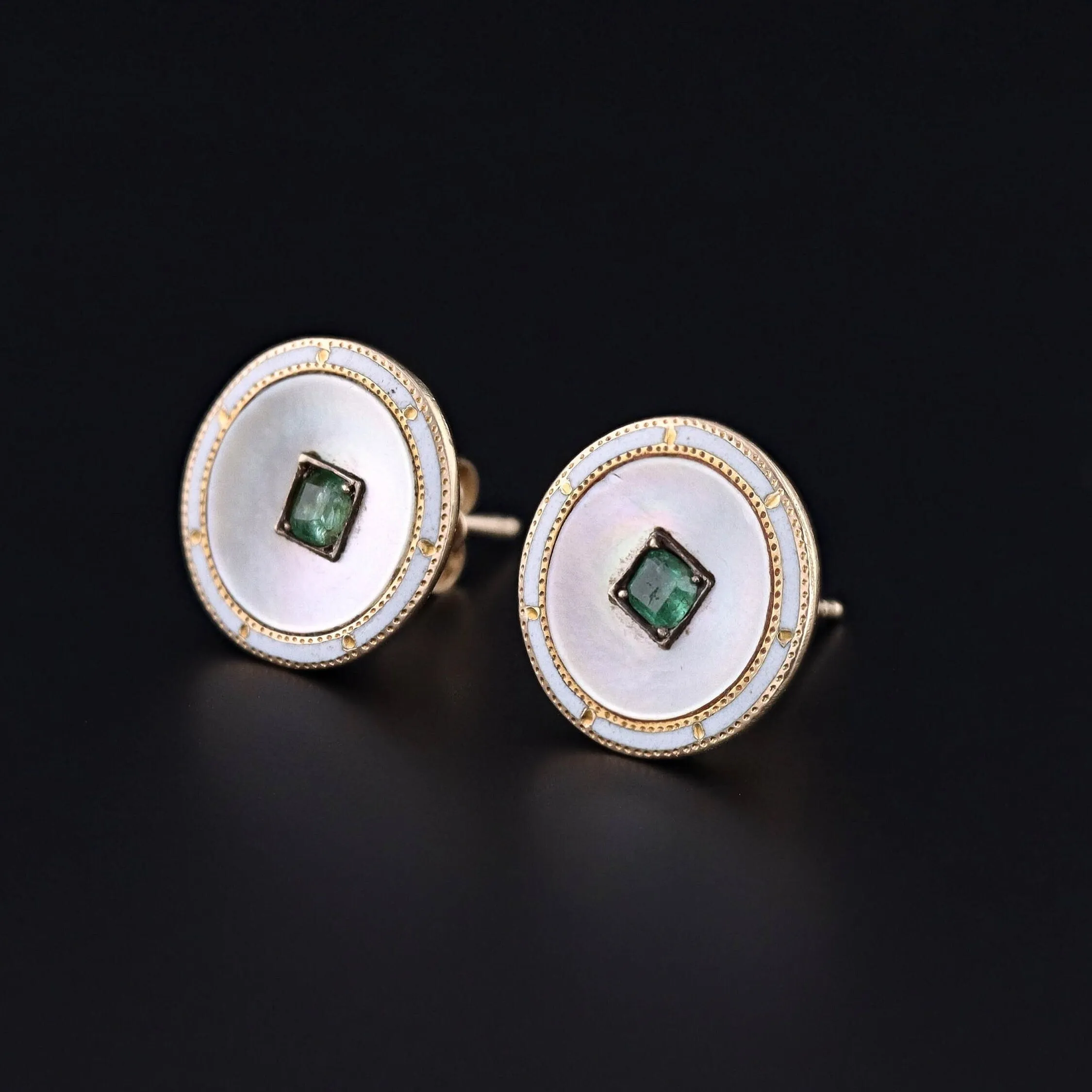 Antique Mother of Pearl, Emerald, & Enamel Earrings