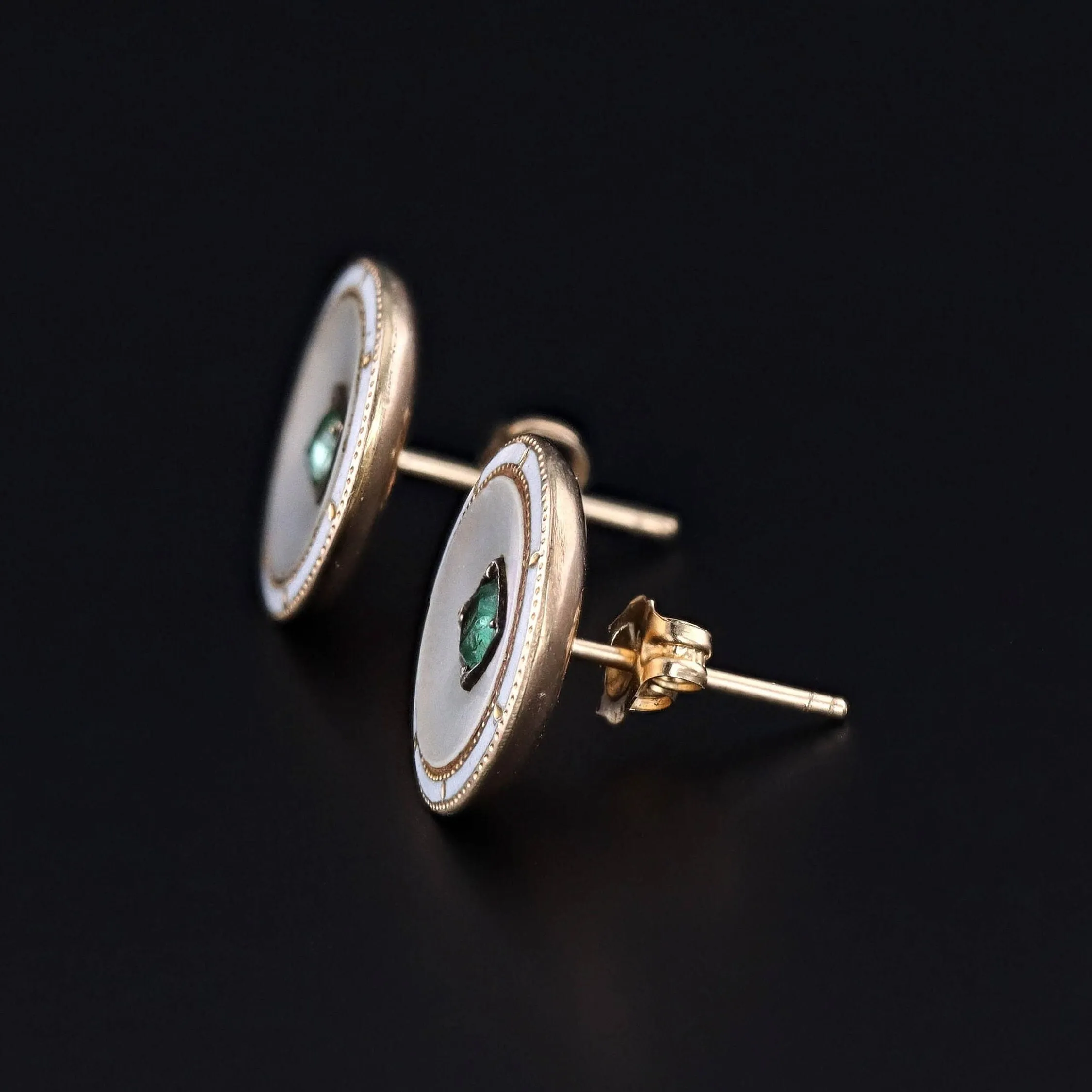 Antique Mother of Pearl, Emerald, & Enamel Earrings