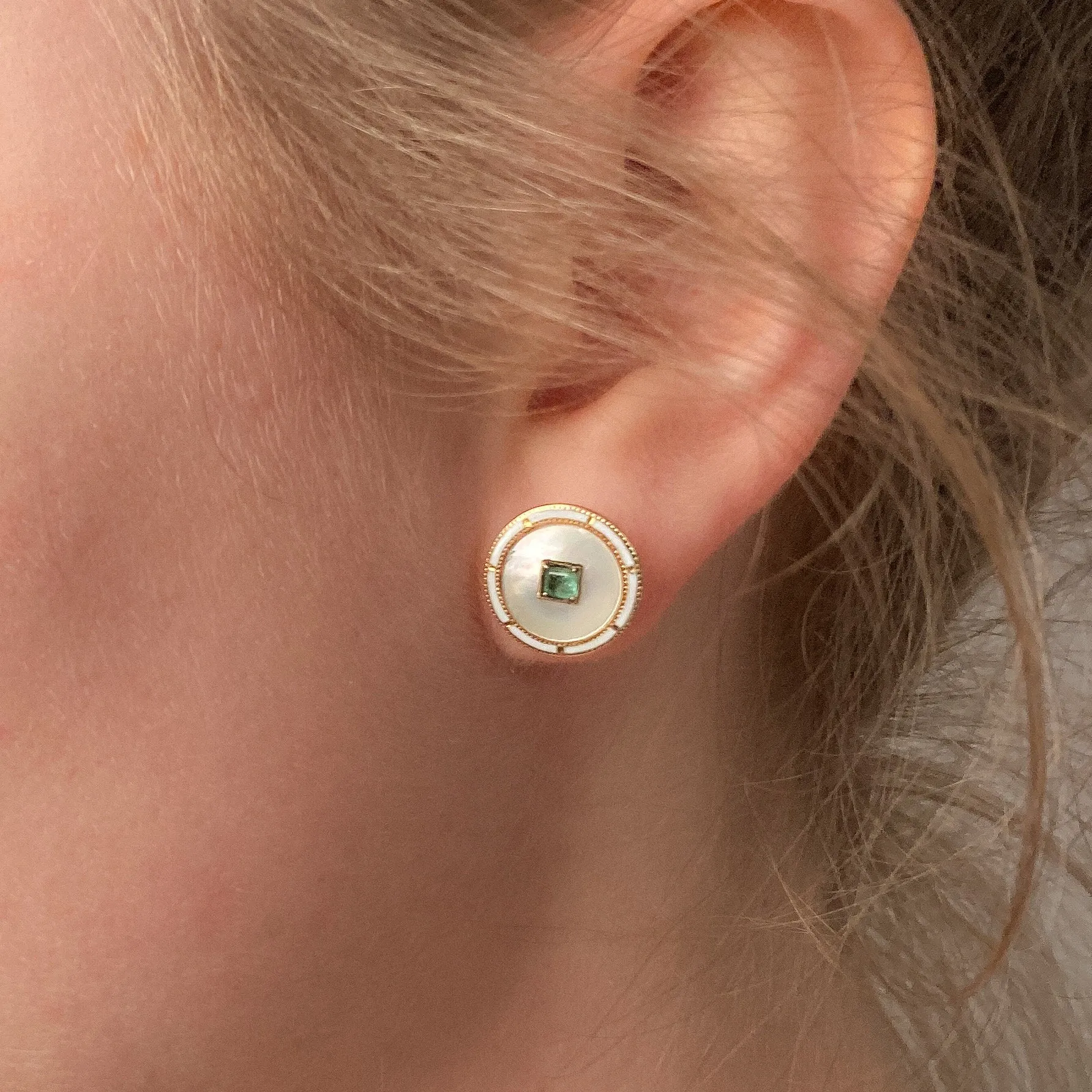Antique Mother of Pearl, Emerald, & Enamel Earrings