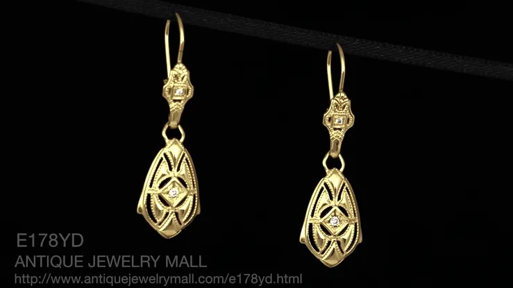 Art Deco Dangling Sterling Silver Diamond Filigree Earrings with Yellow Gold Vermeil