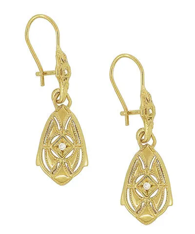 Art Deco Dangling Sterling Silver Diamond Filigree Earrings with Yellow Gold Vermeil