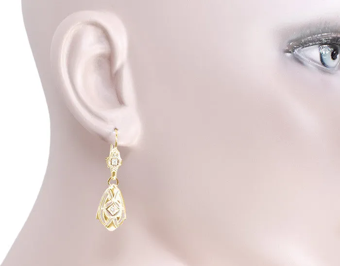 Art Deco Dangling Sterling Silver Diamond Filigree Earrings with Yellow Gold Vermeil