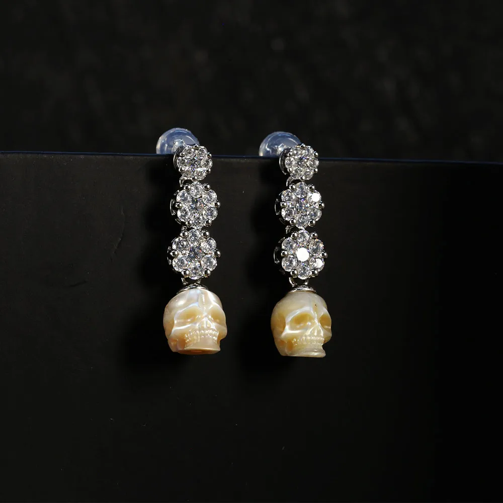Art Deco Floral CZ Cluster Pearl Skull Earrings