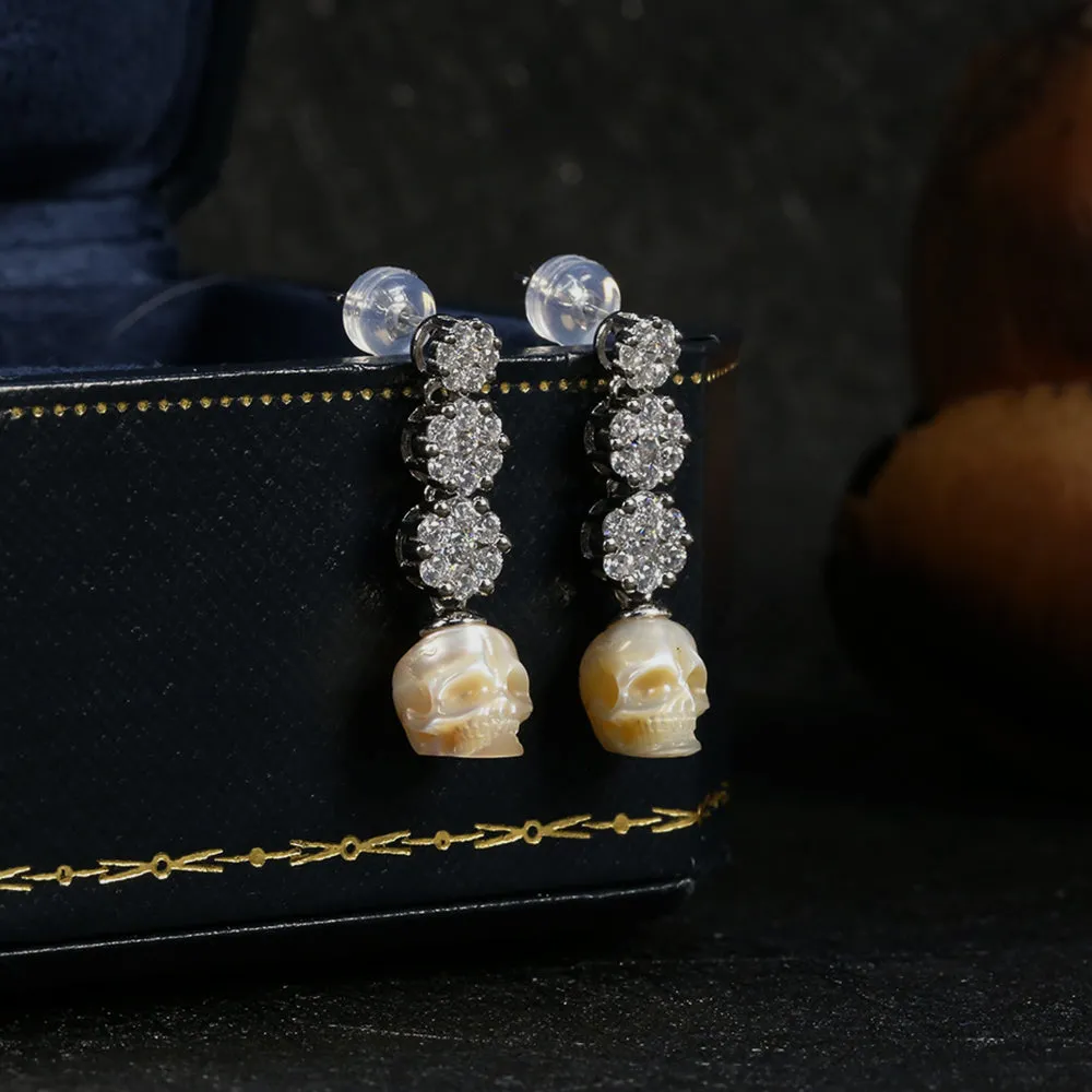 Art Deco Floral CZ Cluster Pearl Skull Earrings
