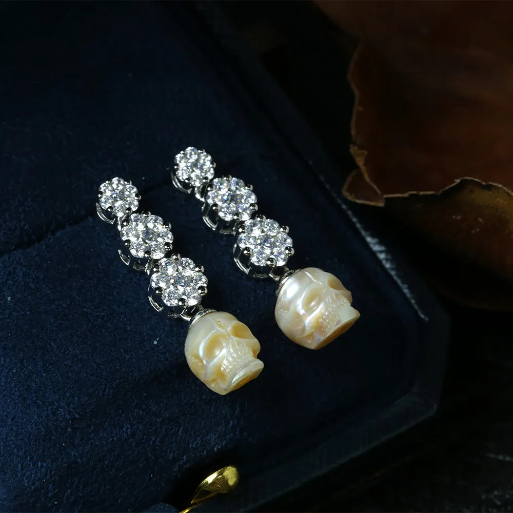 Art Deco Floral CZ Cluster Pearl Skull Earrings