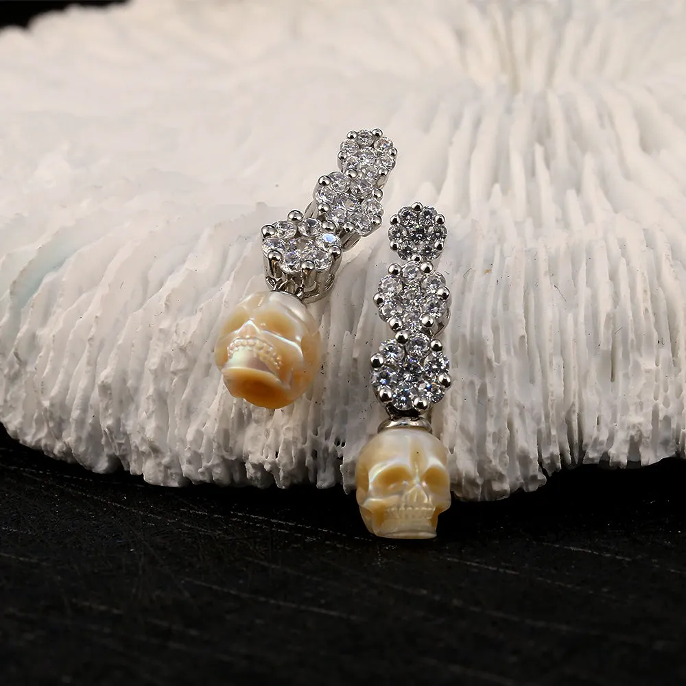 Art Deco Floral CZ Cluster Pearl Skull Earrings