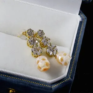 Art Deco Floral CZ Cluster Pearl Skull Earrings