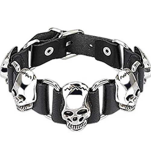 Awesome Black Leather Bracelet w/ Steel Frankenstein Skulls and Adjustable Buckle.