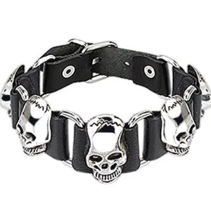 Awesome Black Leather Bracelet w/ Steel Frankenstein Skulls and Adjustable Buckle.