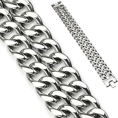 Awesome Stainless Steel 9" Wide Gauge Double Row Cuban Link Bracelet.