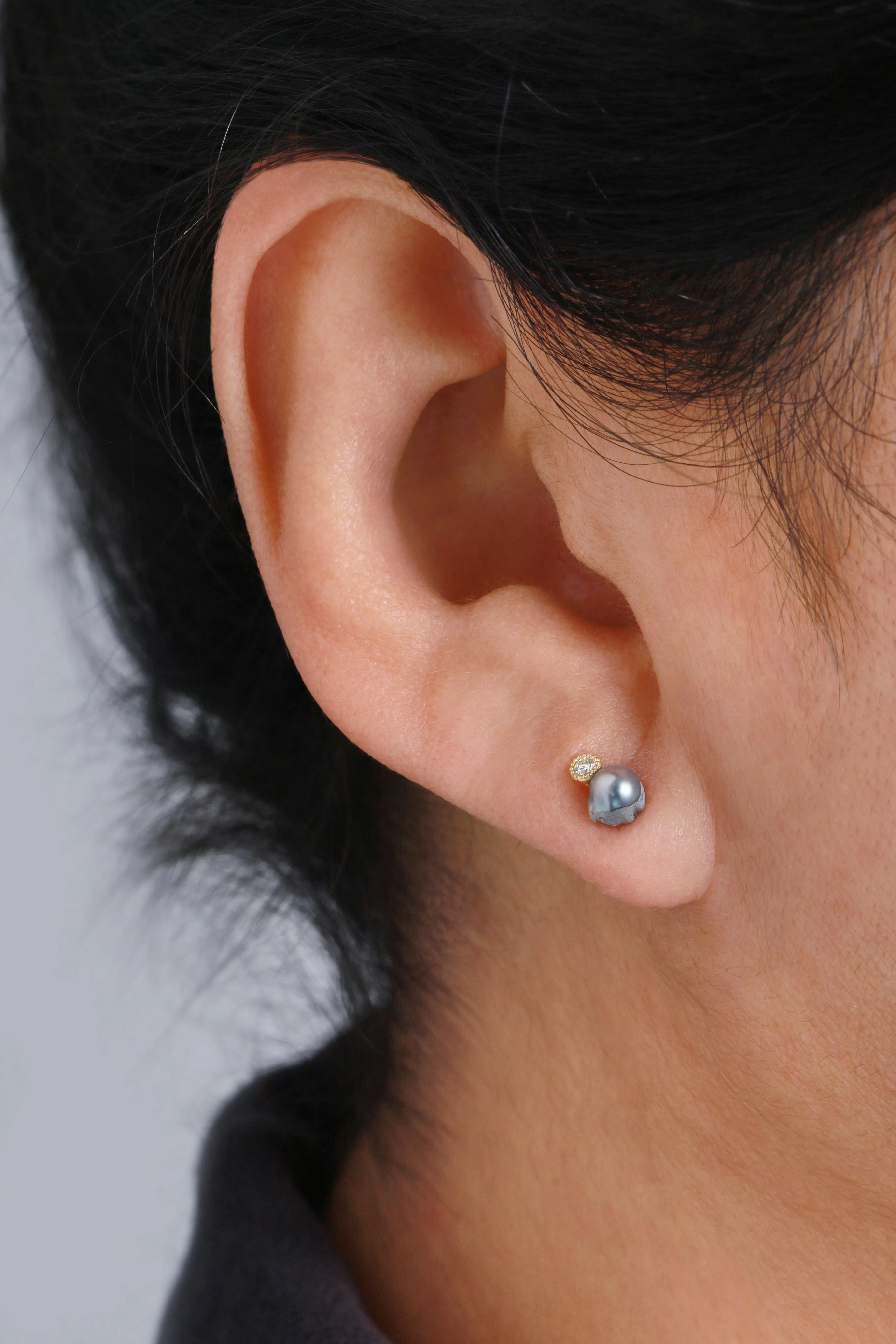 Baby Akoya Pearl and Diamond Stud Earrings by Shinkai