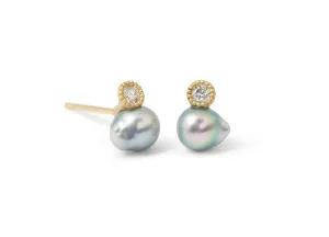 Baby Akoya Pearl and Diamond Stud Earrings by Shinkai