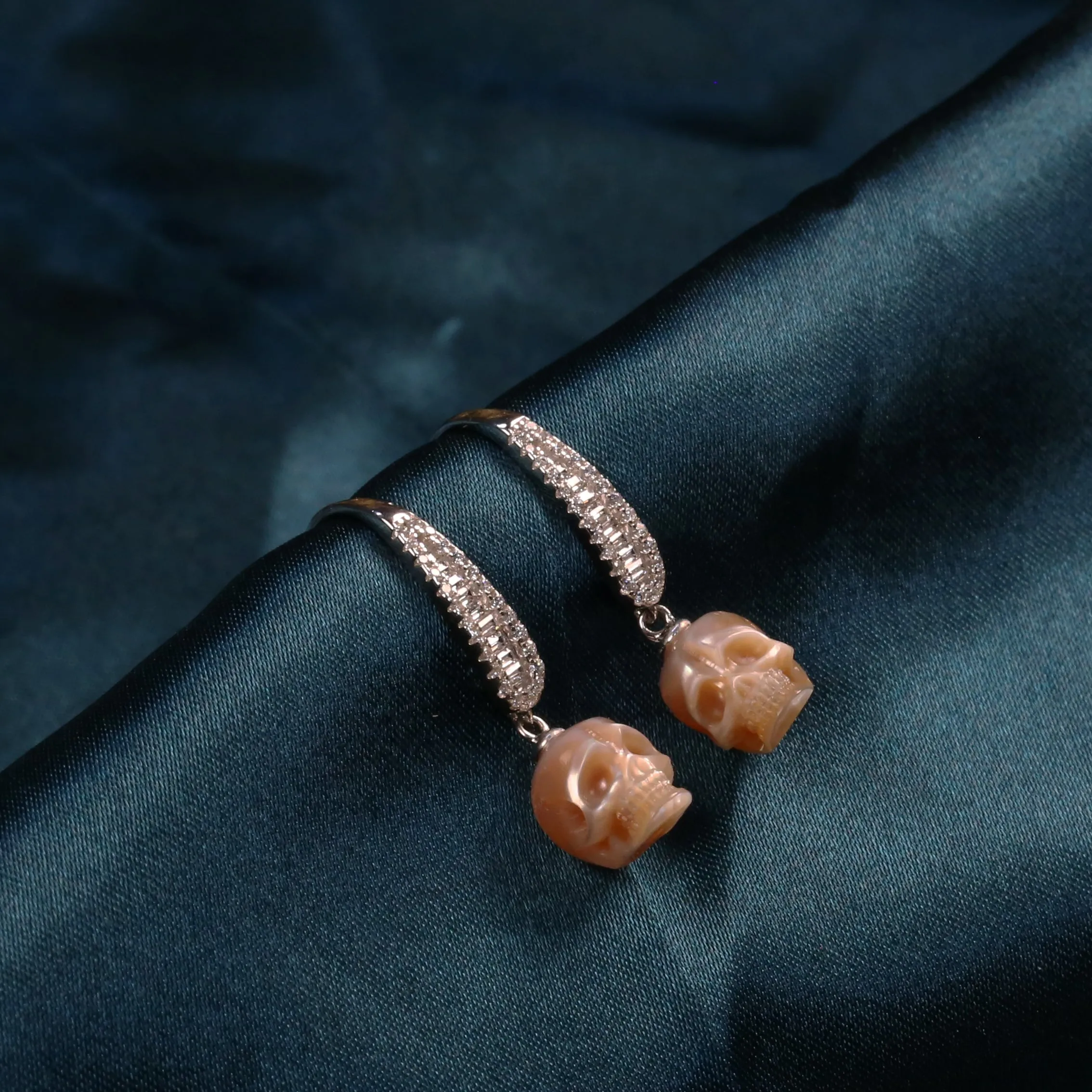 Baguette Gems Cluster Pearl Skull Earrings