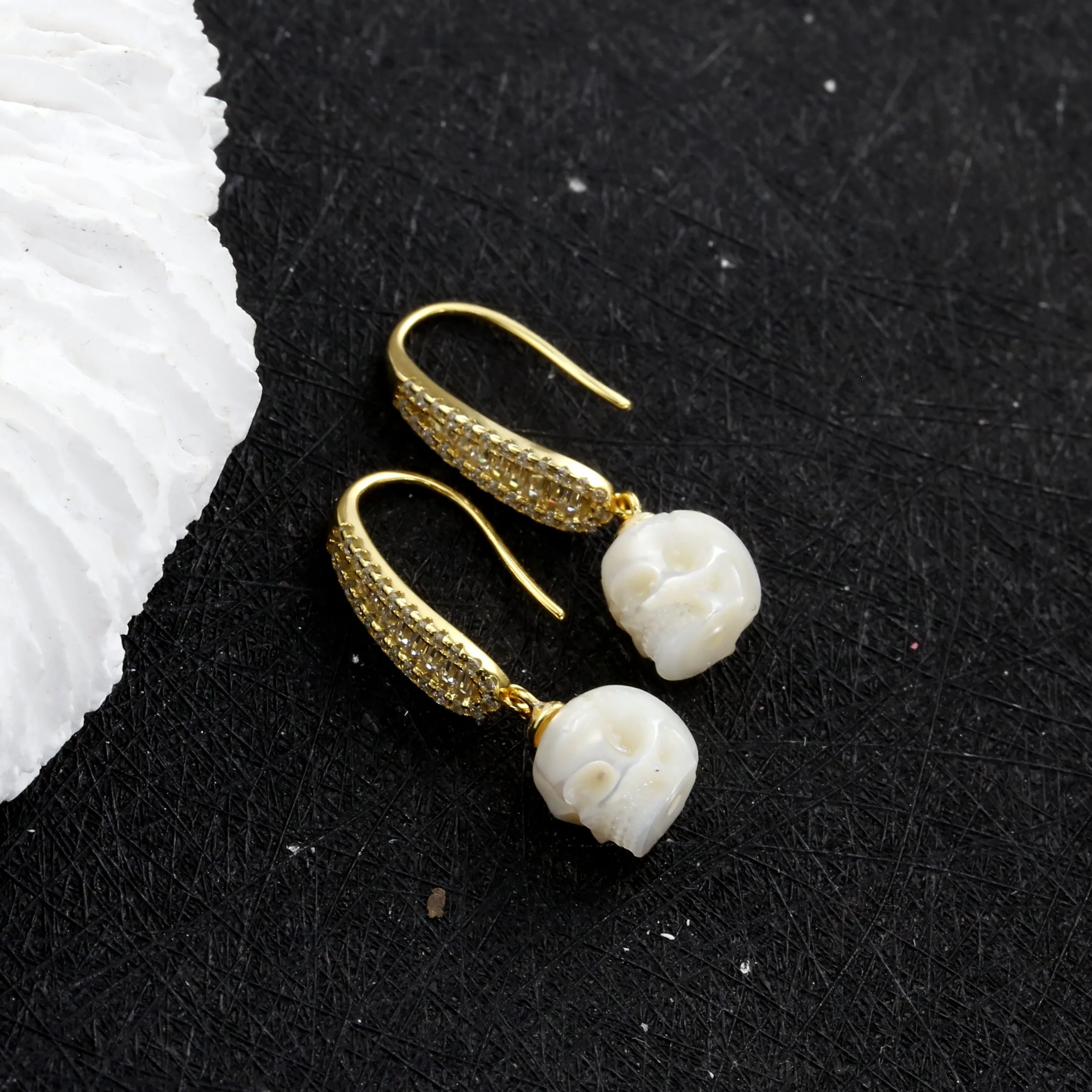 Baguette Gems Cluster Pearl Skull Earrings