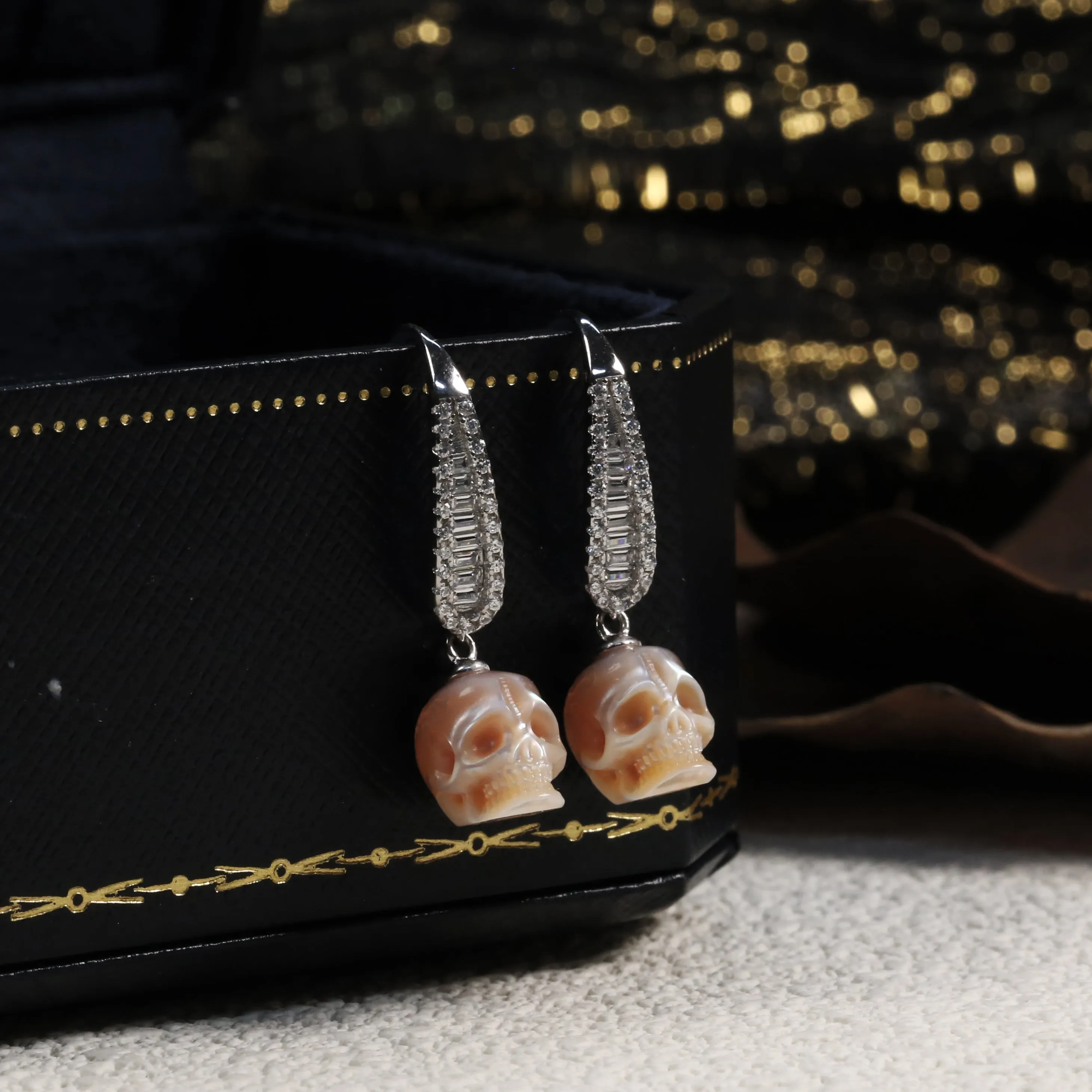 Baguette Gems Cluster Pearl Skull Earrings
