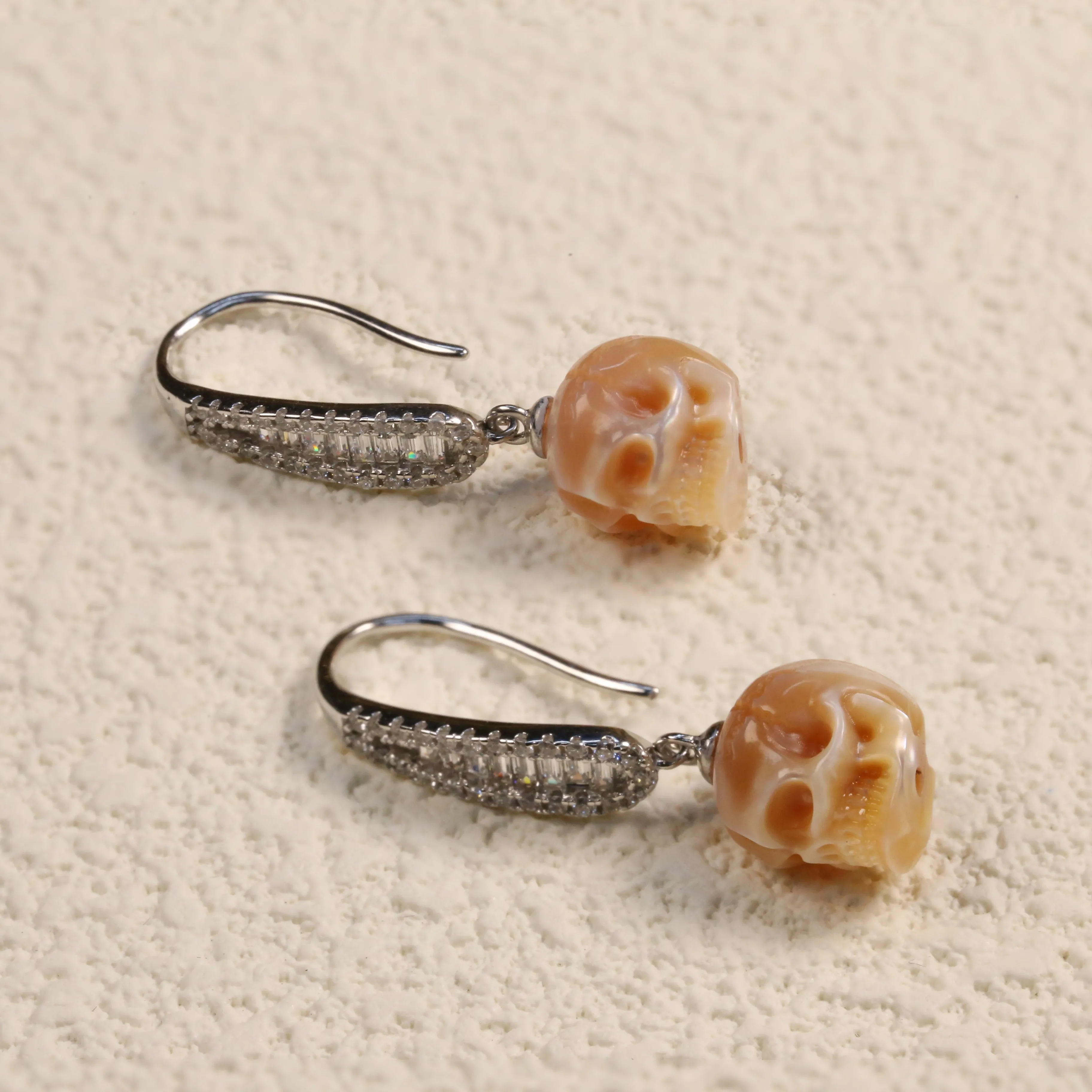 Baguette Gems Cluster Pearl Skull Earrings